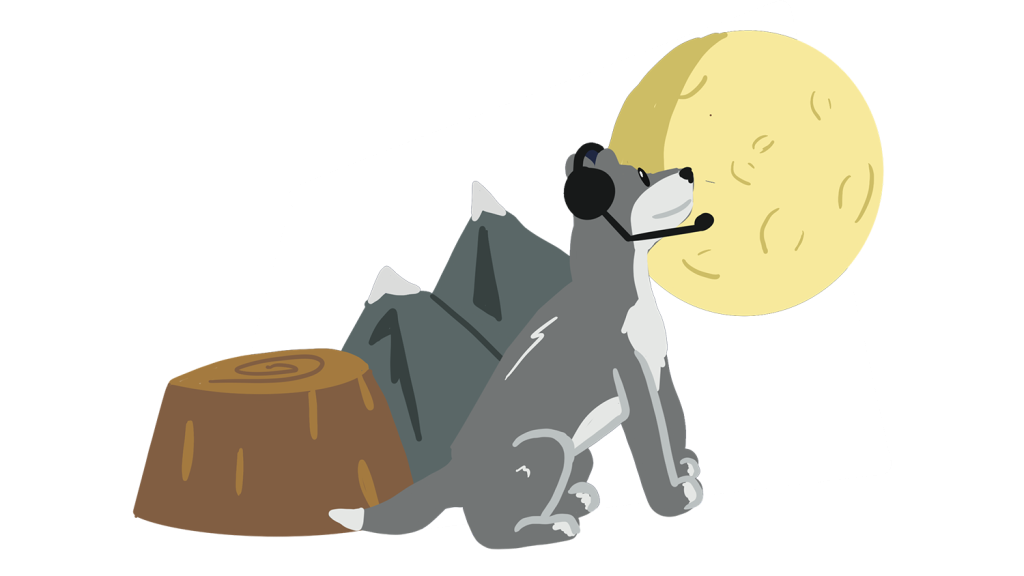 Illustration of wolf with headset next to tree stump, mountain and moon.