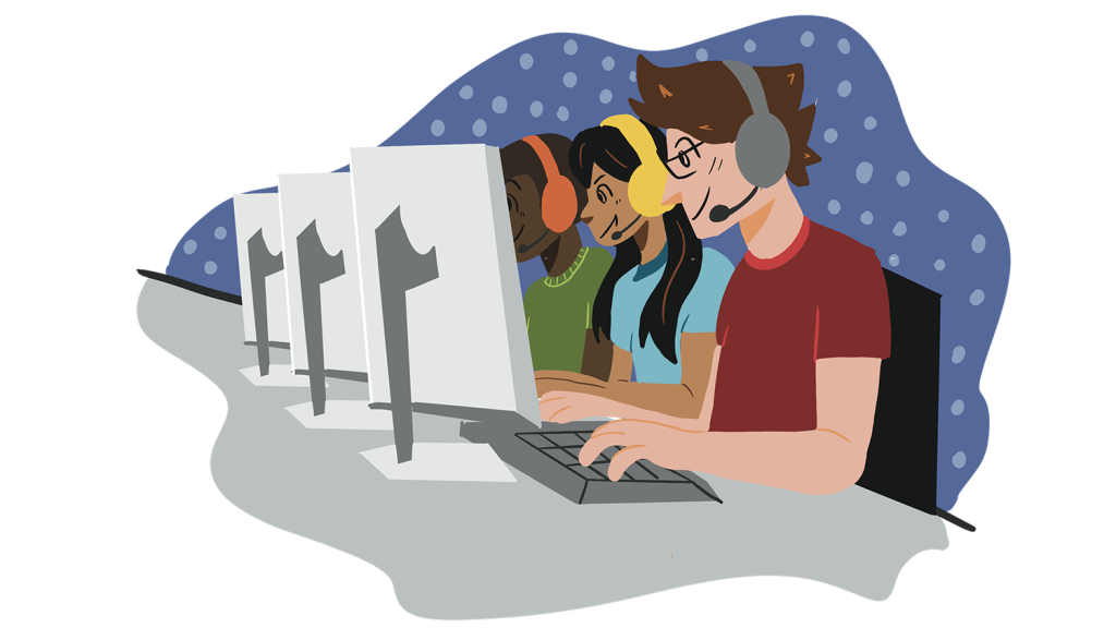 Illustration of several gamers with headsets in front of computer screens.