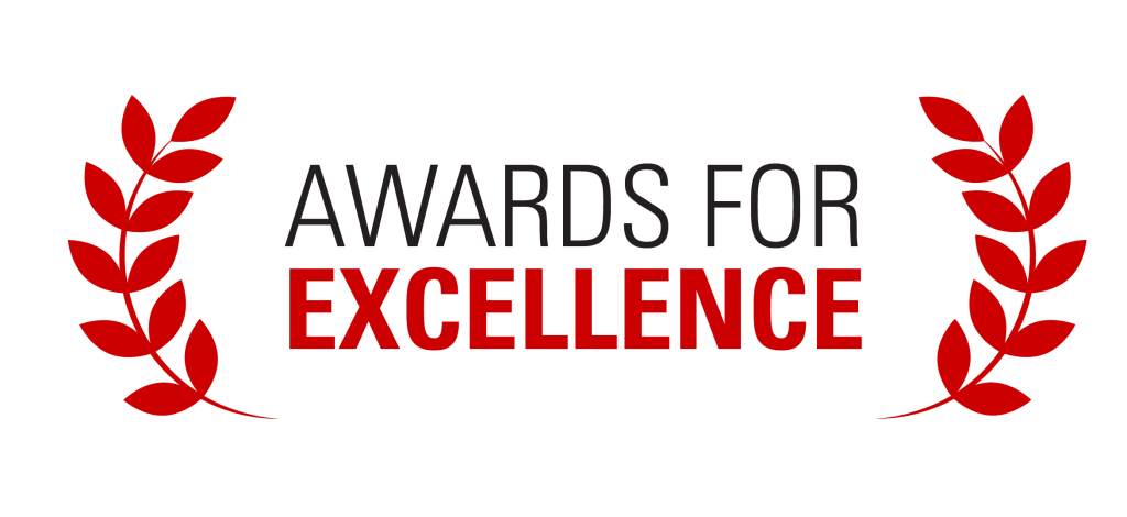 Logo for the annual Awards for Excellence. Red olive branches on either side of black and red text "Awards for Excellence" with awards for in black and excellence in red.