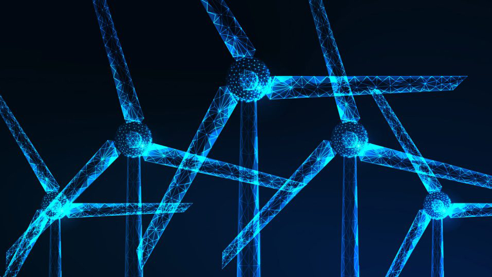 Computerized image of electricity generating windmills. Dark blue background with light blue windmill shapes lined up in a row.