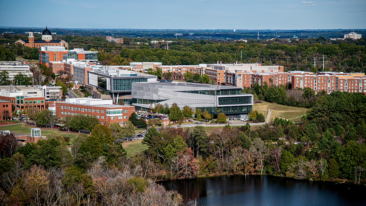 An aerial photo of Centenial campus, highlighting the Hunt Library.