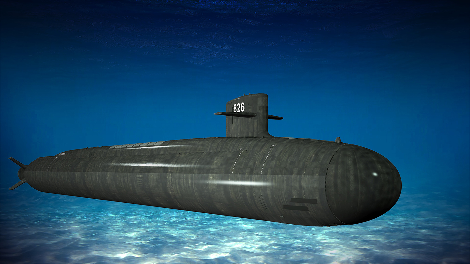 Artist rendering of a Columbia-class submarine underwater. Vessel is dark gray surrounded by a varying shade of blue to mimic water.