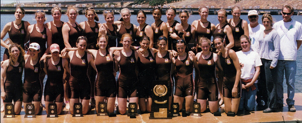 Saul, first row, far left, after the Brown varsity women's rowing team won its first NCAA championship at Lake Natoma, outside of Sacramento, California.