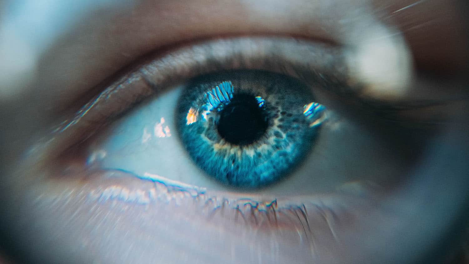 Close shot of a human eye reflecting light.
