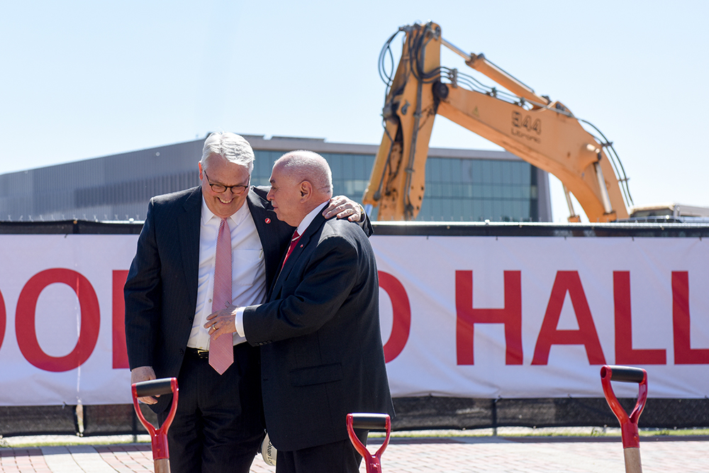 Chancellor Randy Woodson, left, and Dean Louis Martin-Vega share a laugh at the Fitts-Woolard Hall groundbreaking ceremony.