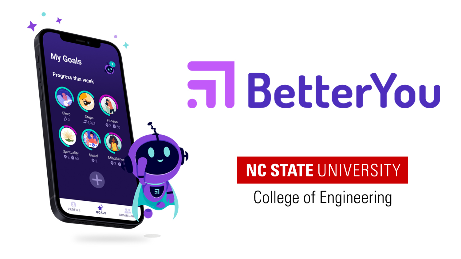 Purple BetterYou logo with the red white and black logo of NC State University College of Engineering, all on a white background. To the left of the logos there is a mobile phone showing a BetterYou app screen and company mascot next to the phone.