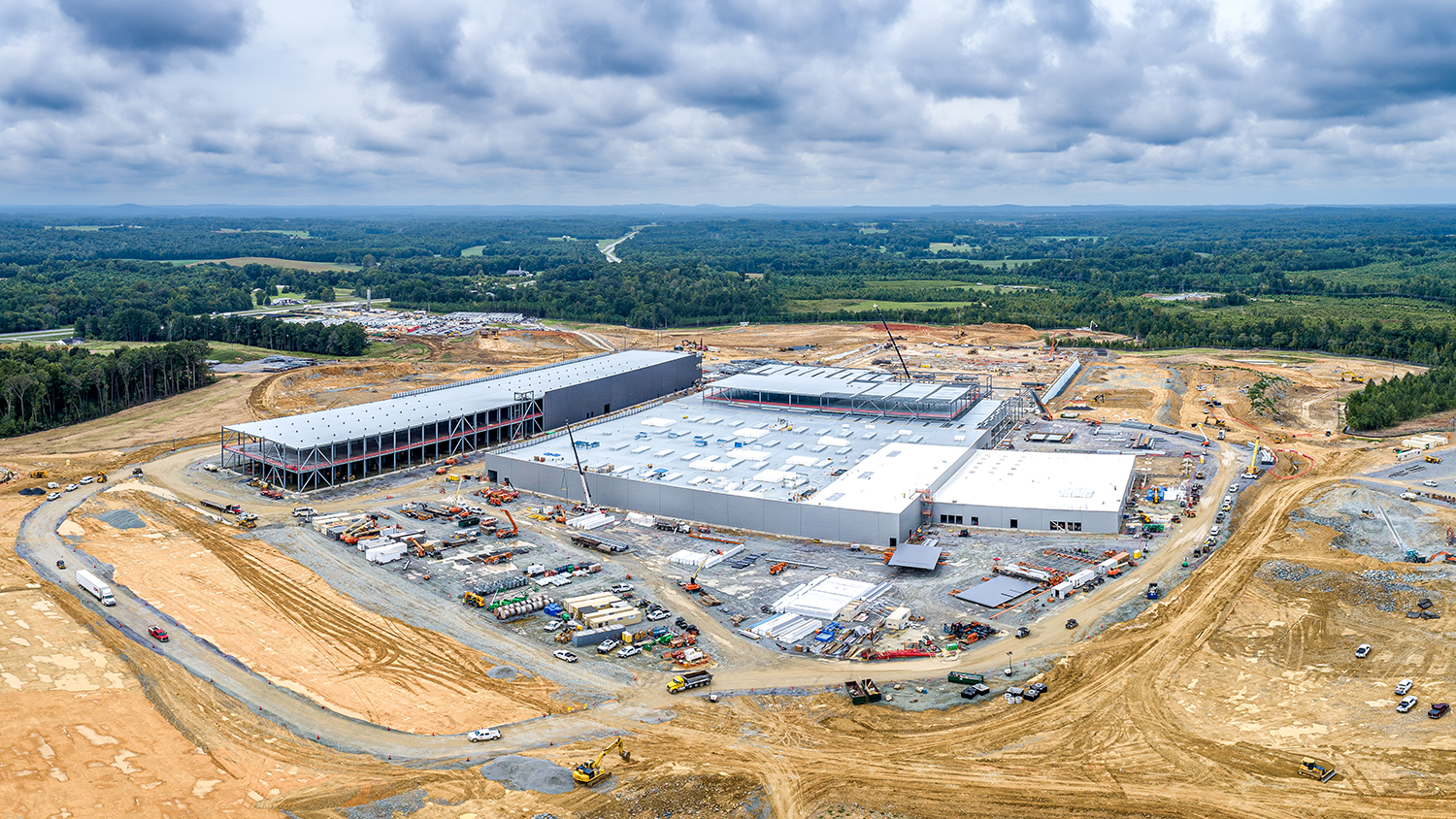 Aerial view of ongoing construction of the new Wolfspeed materials facility in Chatham County, NC.