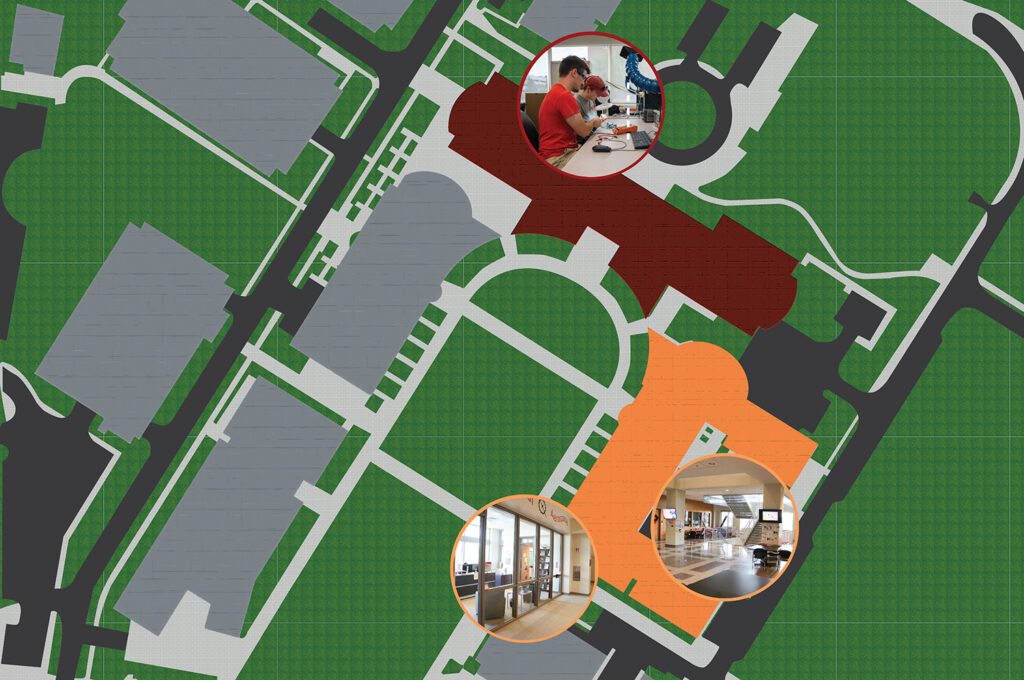 Colorized aerial view of Centennial Campus highlighting in red and orange Engineering Buildings 2 and 3. Other buildings are in grey and open areas are green. There a three photos highlighting some of the interior spaces of the highlighted buildings.