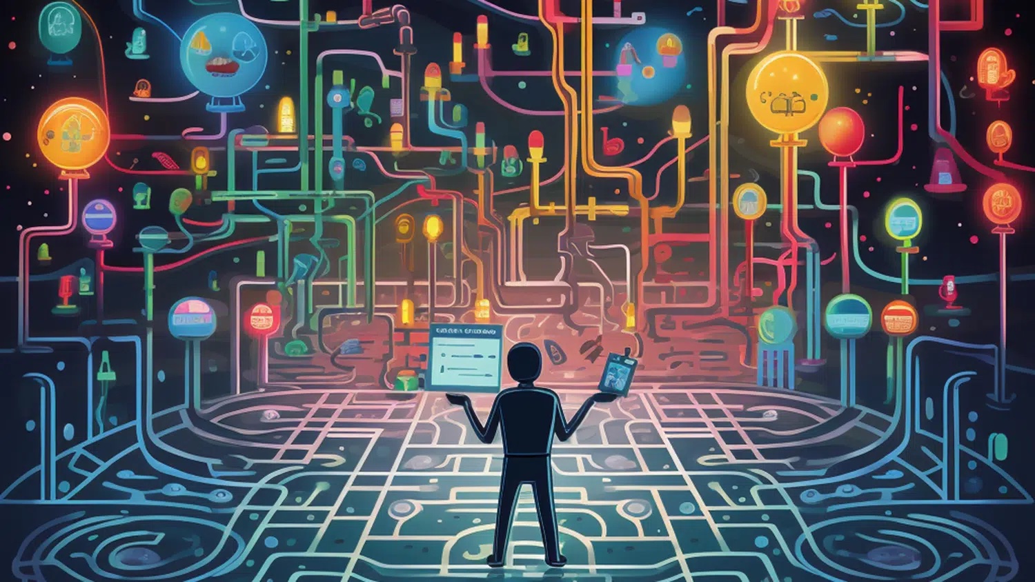 Cartoonish image shows a person holding a computer and looking up at a maze of paths that all lead to different glowing lights.