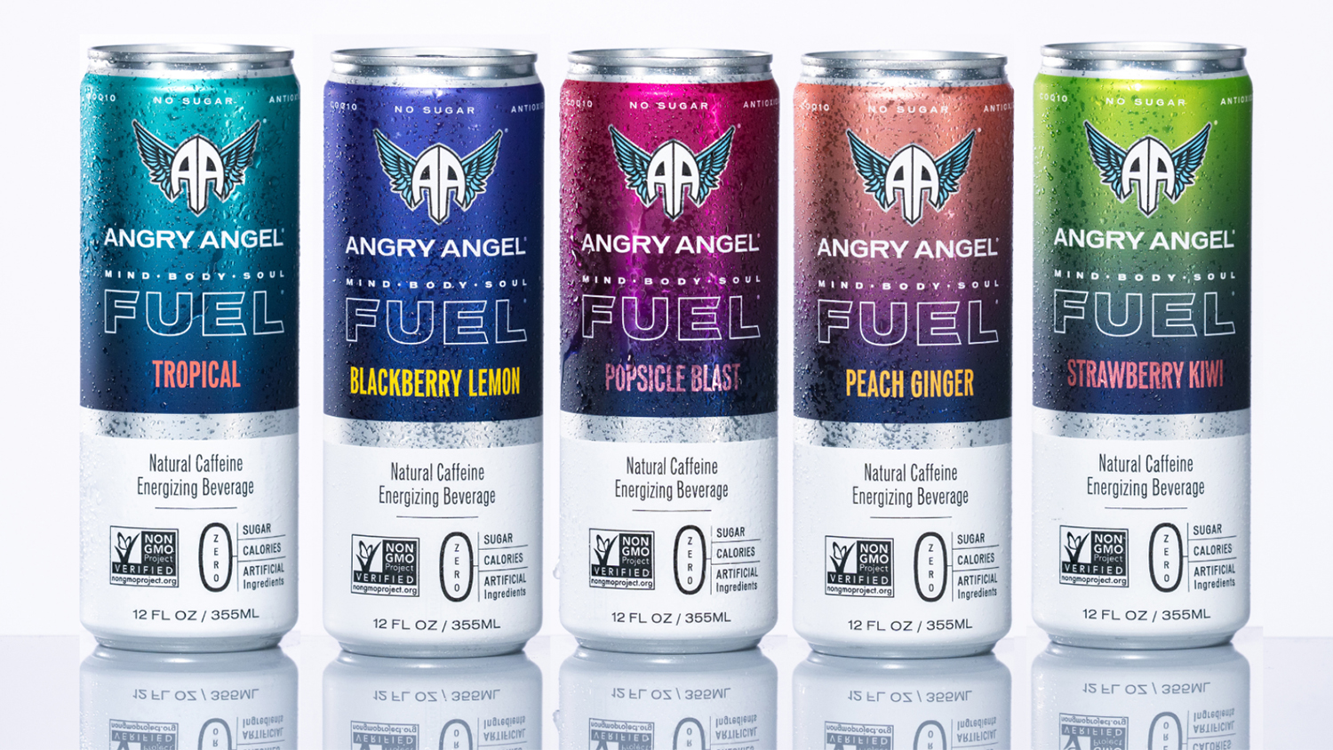 Five beverage cans lined up in a row showing the different colors (aqua, blue, red, orange and green), labels and flavors for Angry Angel energy drinks.
