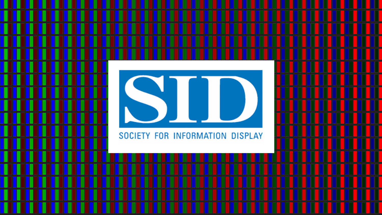 Image shows logo for SID, the Society for Information Display. The logo is white and blue and is surrounded by a background of multi-color repeating vertical rectangles in red, blue and black.