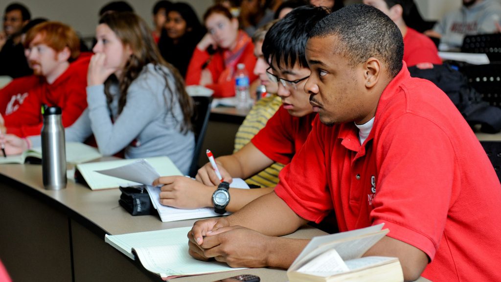 Students participate in Dr. Andrew DiMeo's Biomedical Engineering Senior Design class in Engineering Building III on Centennial Campus.