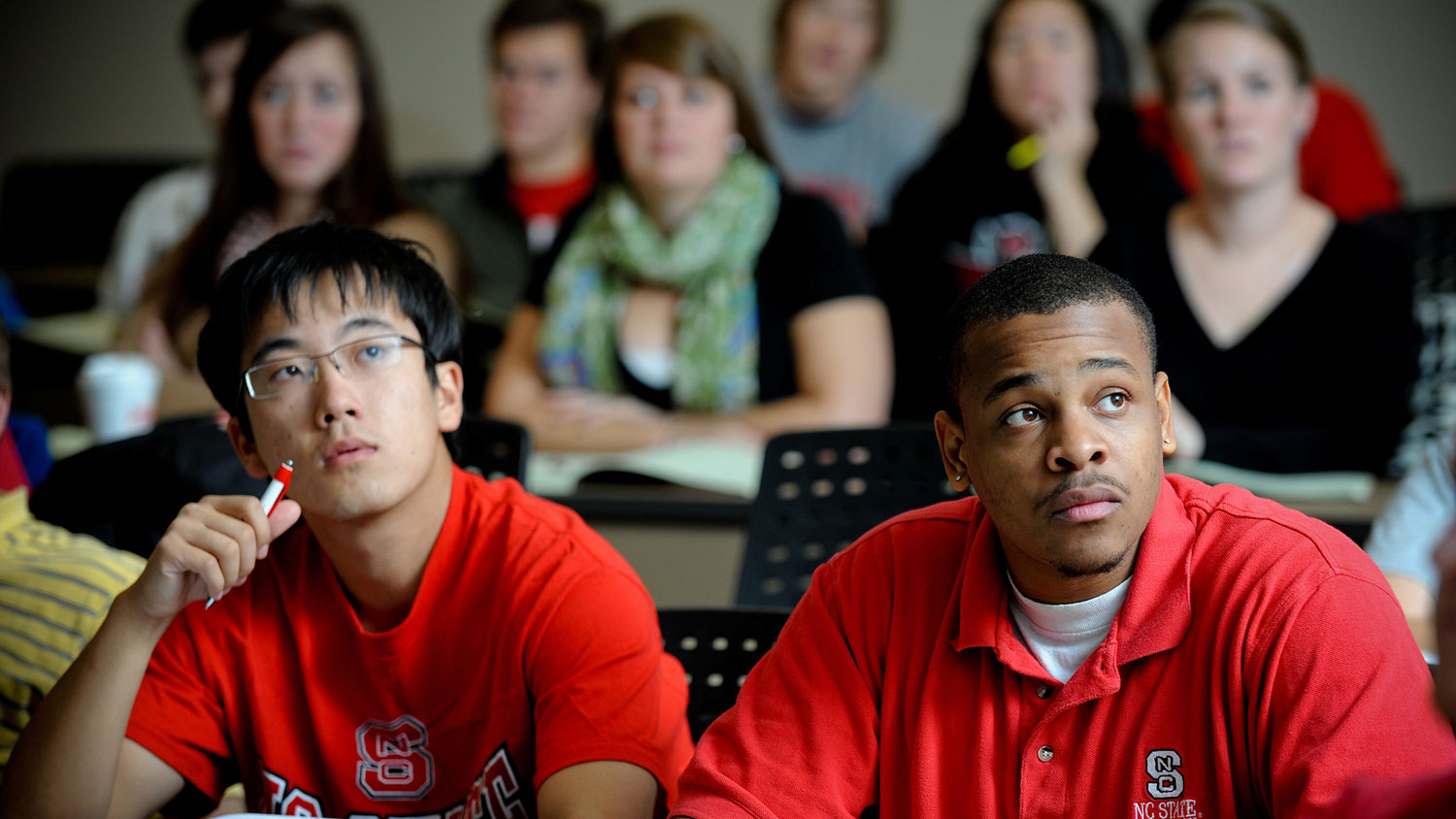 Students participate in Dr. Andrew DiMeo's Biomedical Engineering Senior Design class in Engineering Building III on Centennial Campus.