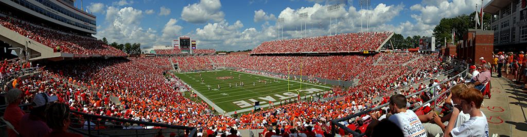 Wide angle view from upper seats of Carter-Finley Stadium during football game
