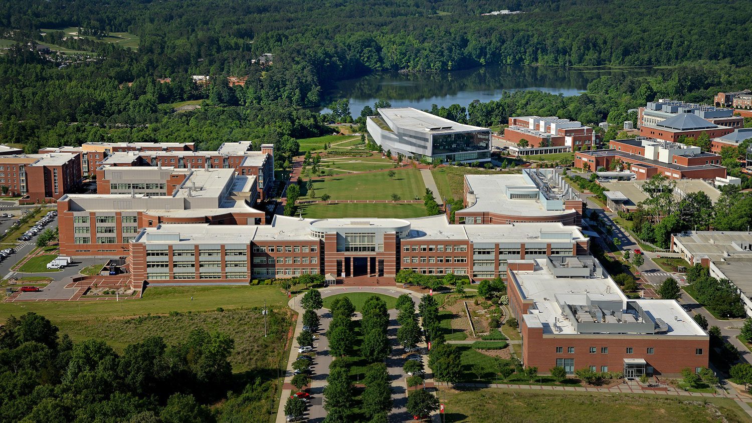 Aerial view of the engineering buildings and Hunt Library on Centennial Campus.