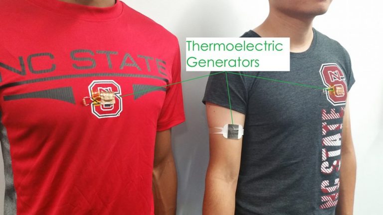 Researchers at North Carolina State University have developed a new design for harvesting body heat and converting it into electricity for use in wearable electronics. Pictured are a thermoelectric generator (TEG) armband (right) and a TEG-embedded T-shirt (left).