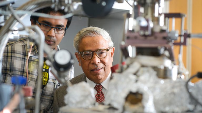 Dr. Jay Narayan works with a graduate student in his lab in the MSE department. Dr. Narayan has created a new form of carbon that can be converted to diamond at room temperature.