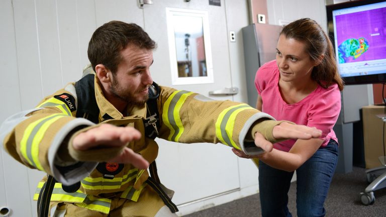 Students test protective clothing in the Textile Protection And Comfort Center (TPACC).