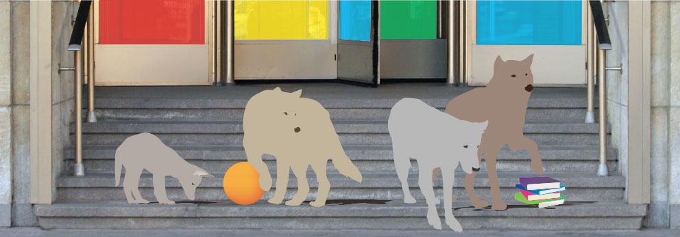 Graphic: student wolves at the entrance to school.