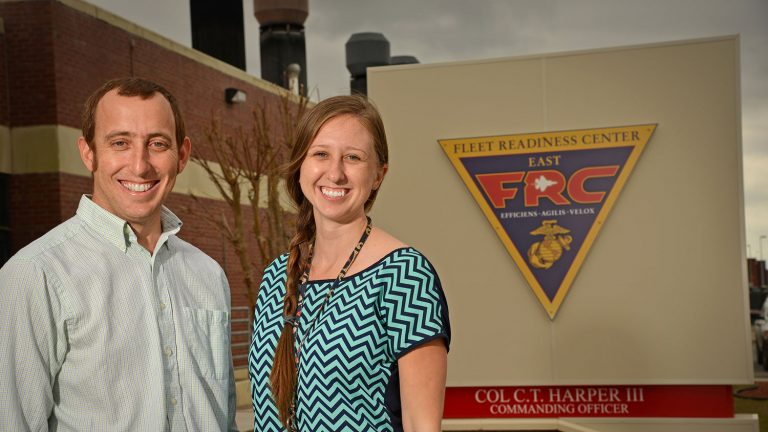 NC State alumni Ramsey Davis and Holly Tucker earned their engineering degrees from the 2+2 site-based engineering program in Havelock, North Carolina.