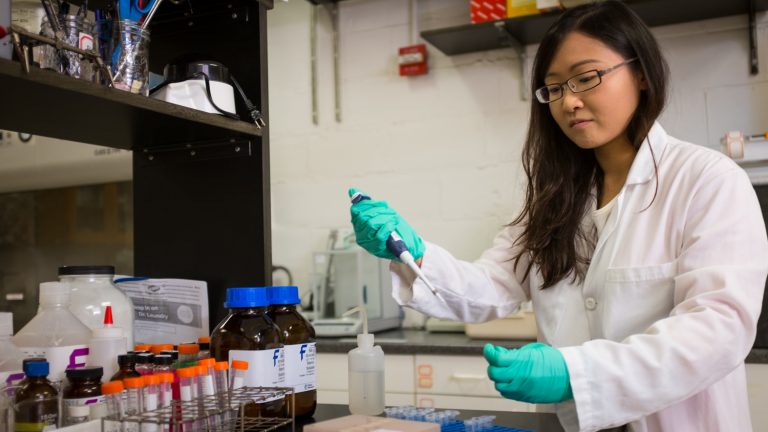 Ling Wang is a Ph.D. student in environmental engineering. Here she is preparing samples for DNA sequencing to determine the microbial communities present in anaerobic reactors converting grease waste to methane.