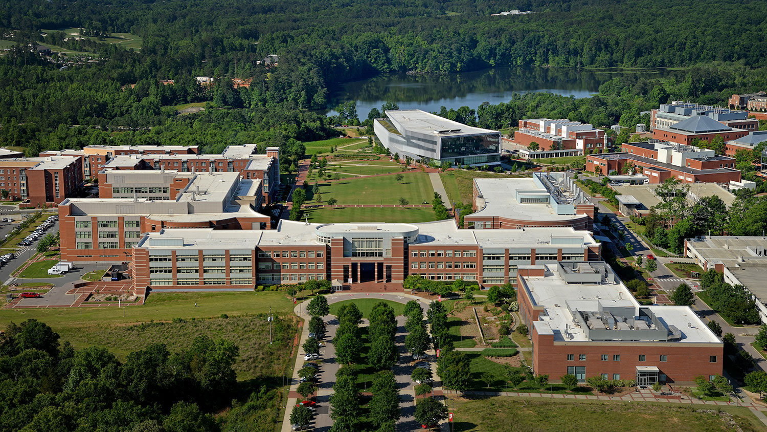 Aerial view of engineering buildings and Hunt library on Centennial Campus